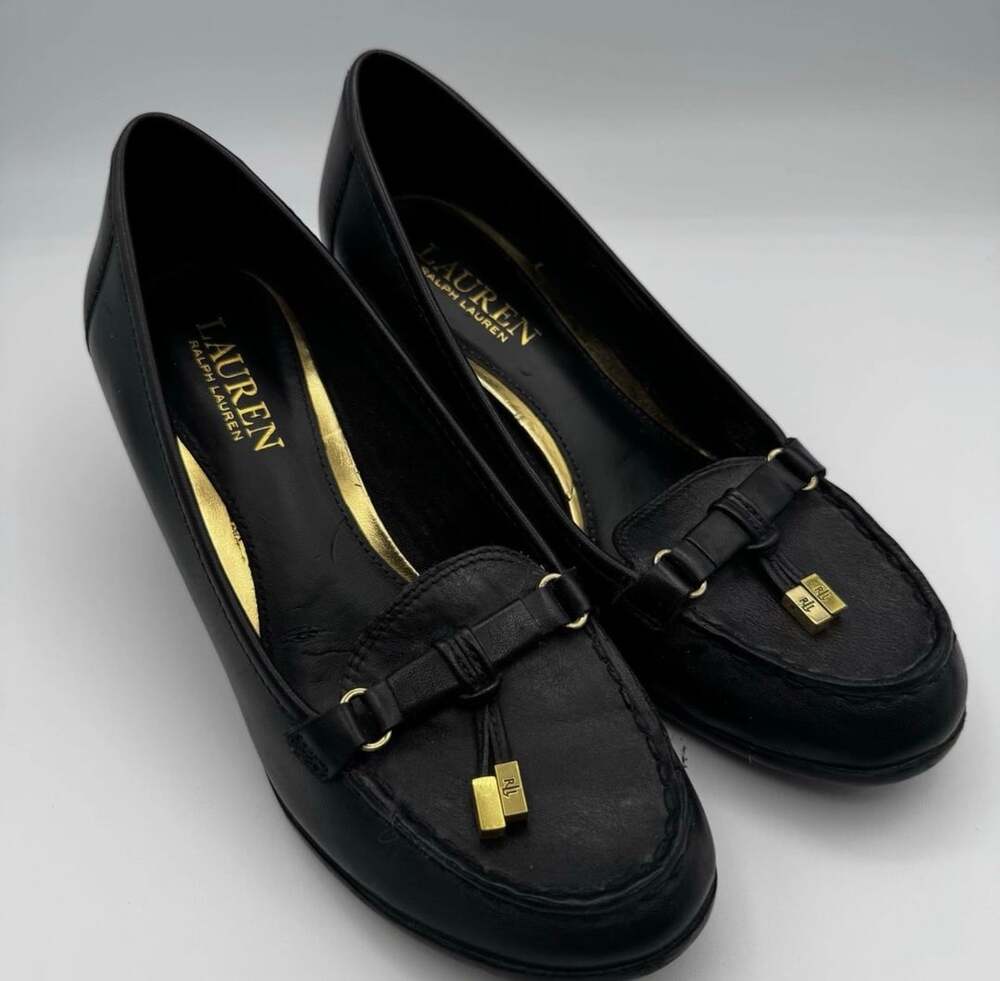 Lauren Ralph Lauren Wedge Loafers Size 9B Black Leather Tassel